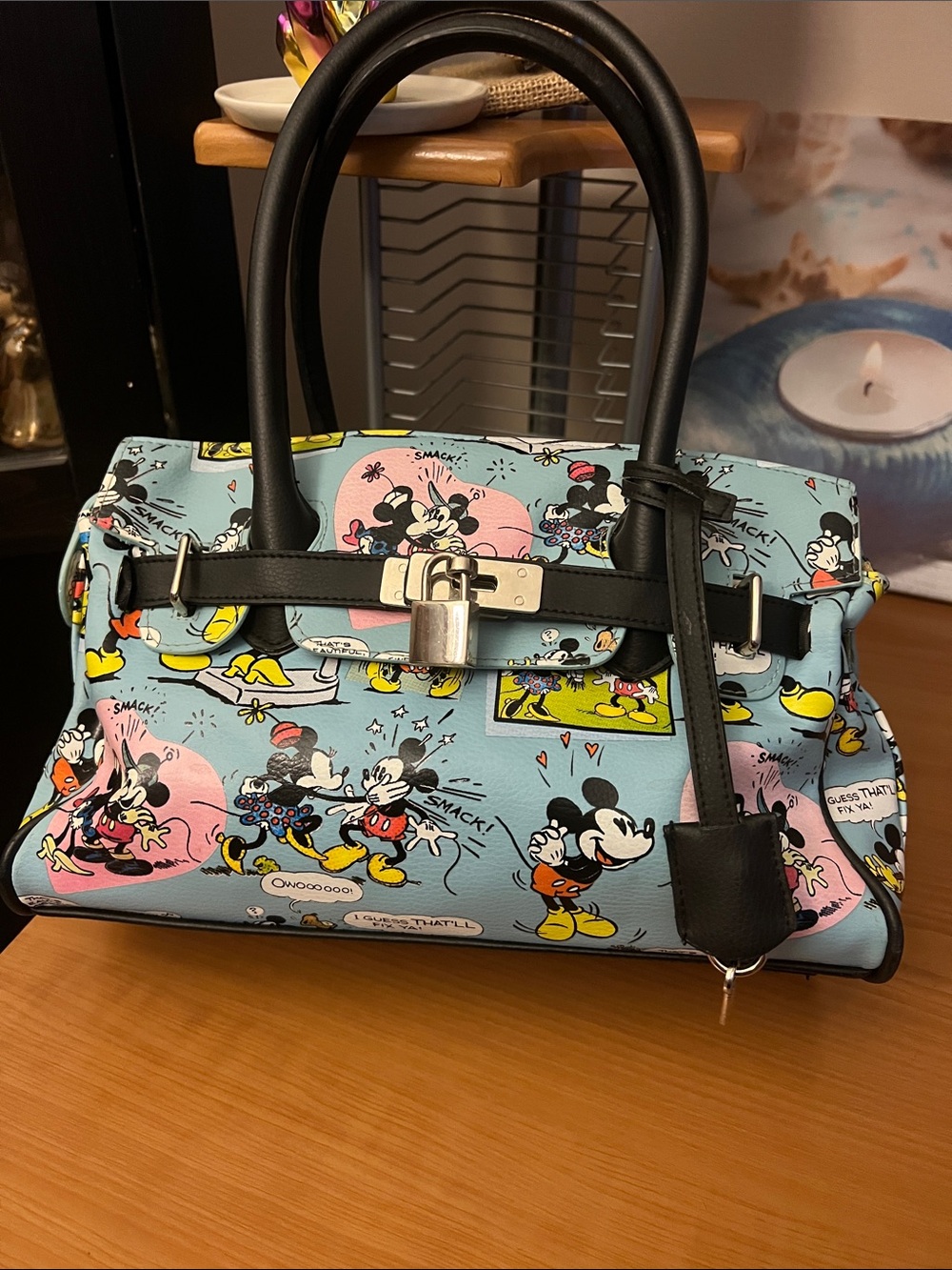 Disney Mickey & Minnie Cartoon Print Satchel Handbag in Light Blue NWOT